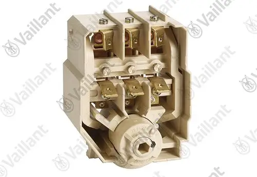 Vaillant Strömungsschalter in beige, mit mehreren Anschlussklemmen, Metallkontakten und einem drehbaren Anschluss an der Unterseite.